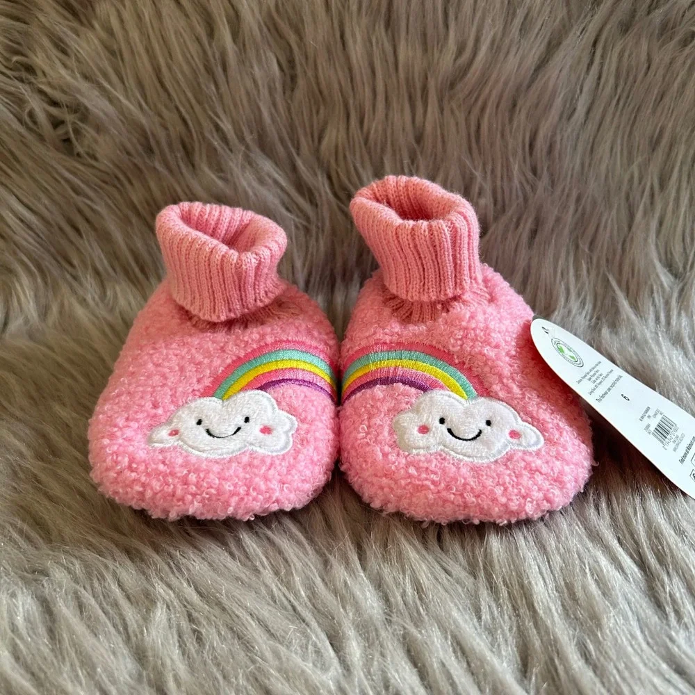 Wonder Nation Slippers Baby Girls Size 6 Pink Fuzzy Rainbow Shoes 18 Months NEW